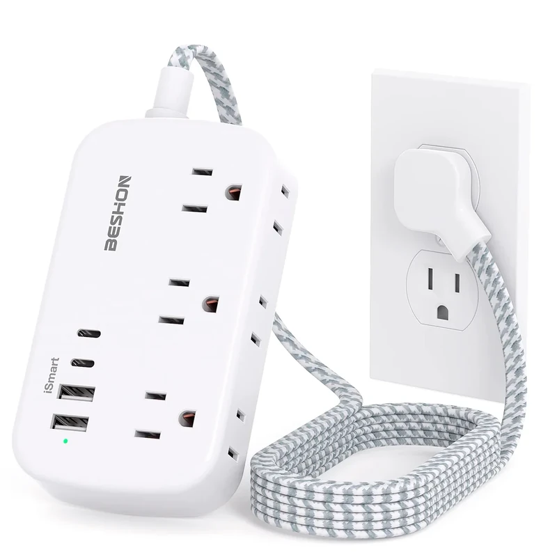 BESHON 5ft Flat Plug Power Strip - 6 Outlets, 4 USB Ports (2 USB-C)