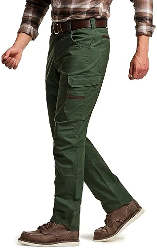 CQR Men's Quick Dry Work Pants, Water Resistant Outdoor Tactical Pants, Lightweight Stretch Cargo Hiking Pants, Dura Flex Print Olive Green, 38W x 34L