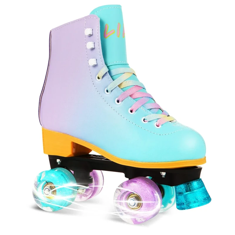 LIKU Quad Roller Skates for Girl and Women with All Wheel Light Up,Indoor/Outdoor Lace-Up Fun Illuminating Roller Skate for Kid (Purple, 3-4)