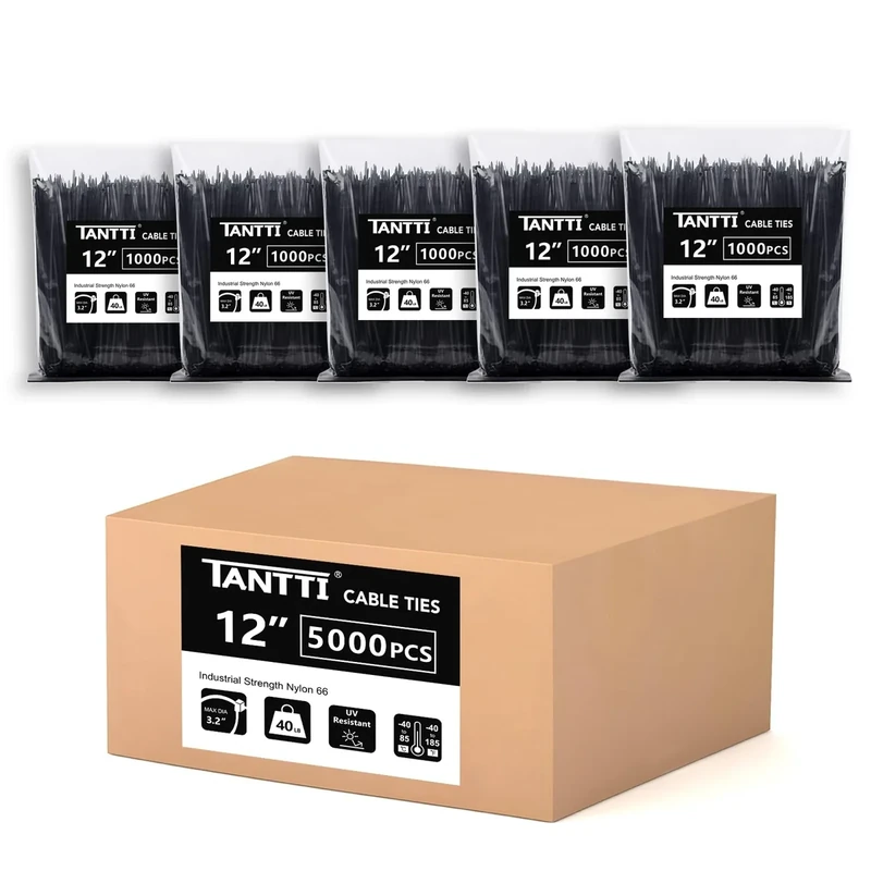 TANTTI 12in Black Zip Ties 5000 Pack - 40lb Tensile, UV Resistant
