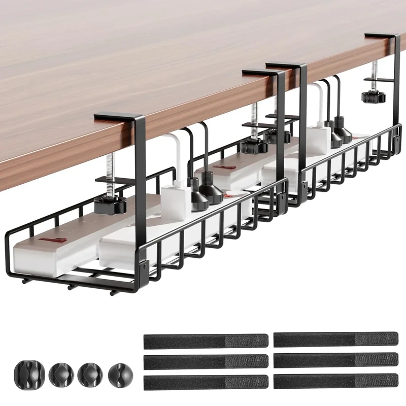 Under Desk Cable Management Tray 2 Pack, Xpatee Wire Management No Screws, Cable Tray with Clamp for Wire Management, Computer Code Rack for Office, Home - No Damage to Desk Black