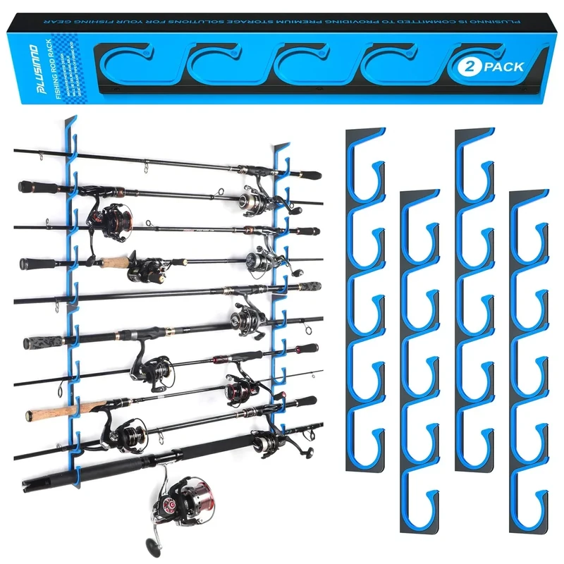 PLUSINNO H5 Horizontal Fishing Rod/Pole Holders for Garage, Wall or Ceiling Mounted Fishing Rod holder, Aviation Aluminum Fishing Pole Holder Holds up to 10 Rod or Combos or Nets Storage Racks