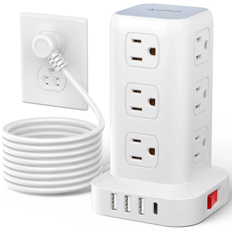 AnnTane 10FT Power Strip Tower with 12 Outlets, 4 USB Ports (1 USB-C)
