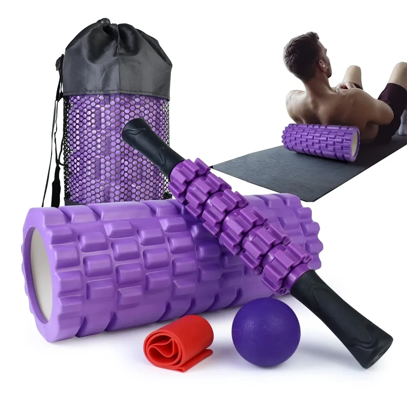 Krightlink 5 in 1 Foam Roller Set for Deep Tissue Muscle Massage, Trigger Point Fitness Exercise Roller, Massage Ball, Stretching Strap, Whole Body (Purple)