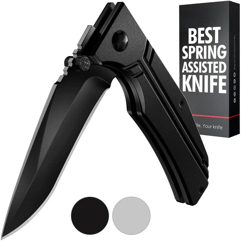 Grand Way Pocket Knife for Men - 3.5" Sharp Folding Black Blade - Tactical Knives with Liner Lock Aluminum Handle and Clip - Cool for Camping Work Survival - Birthday Gifts for Dad 140106 B