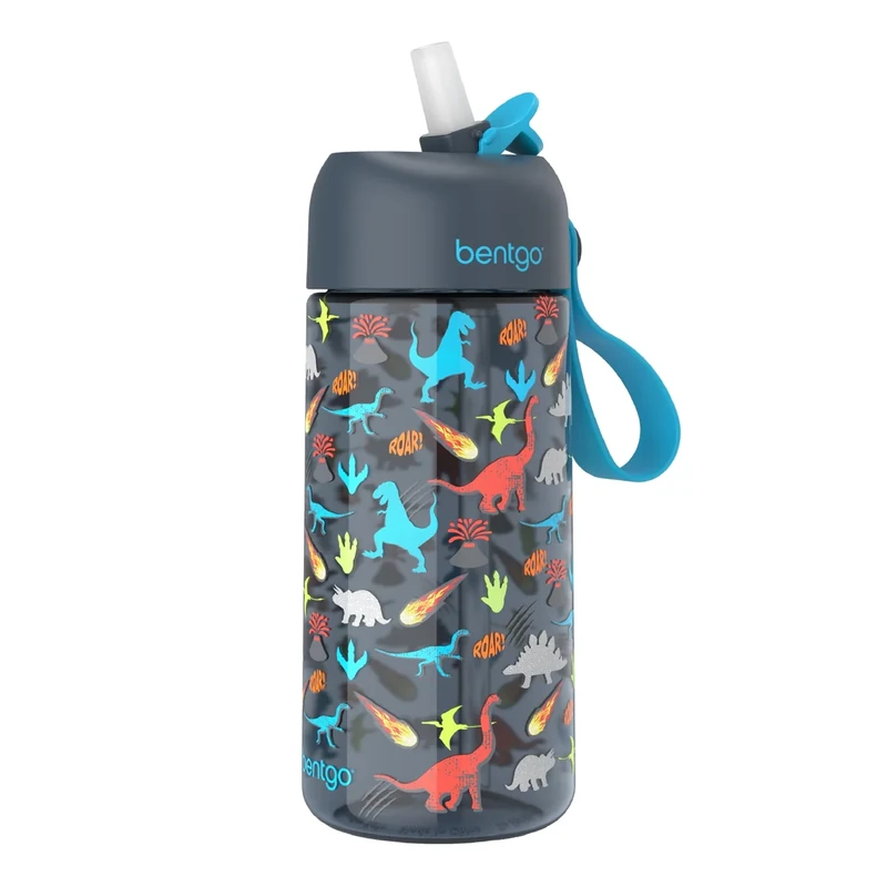 Bentgo Kids Water Bottle - Leak-Proof, Durable Tritan, BPA-Free 15 oz. Cup for Kids/Toddlers Ages 3+, Bite & Sip Spout, Carrying Handle & Dishwasher Safe for School, Sports, Daycare & Camp (Dinosaur)