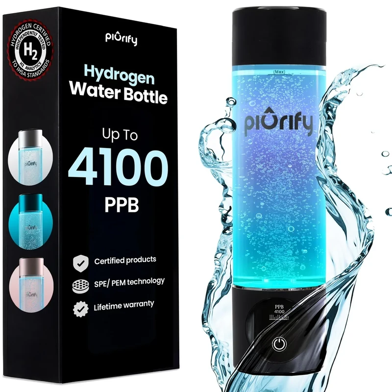 PIURIFY Hydrogen Water Bottle Generator - Up to 4100+ PPB Molecular Hydrogen Infusion - SPE/PEM Technology - Certified H2 Generator - Rechargeable - Extended Warranty - 10 oz (Black)