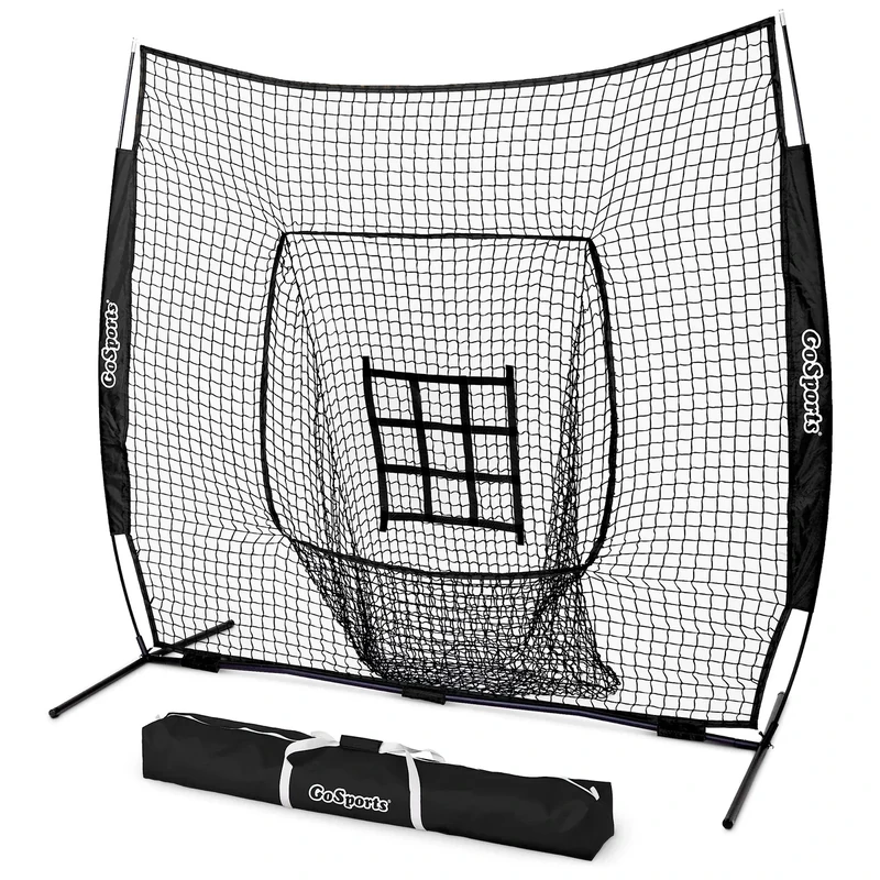 GoSports 7 ft x 7 ft Baseball & Softball Practice Hitting & Pitching Net with Bow Type Frame, Carry Bag and Strike Zone, Great for All Skill Levels