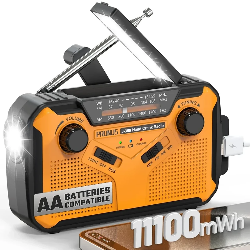 PRUNUS J-369 11100mWh Emergency Weather Radio, AA Batteries/Hand Crank/Solar/USB Charging, NOAA/AM/FM, LED Flashlight and Reading Lamp,SOS Alarm & Flashlight Portable