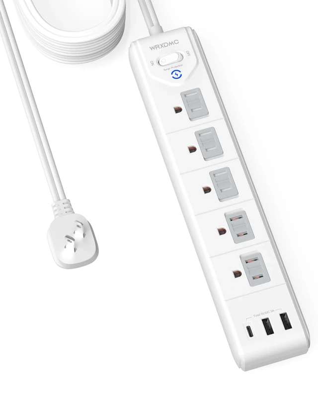 Wrxdmc 2- to 3-Prong Strip - 5 Outlets, 3 USB, 15ft Cord, 1680J Surge