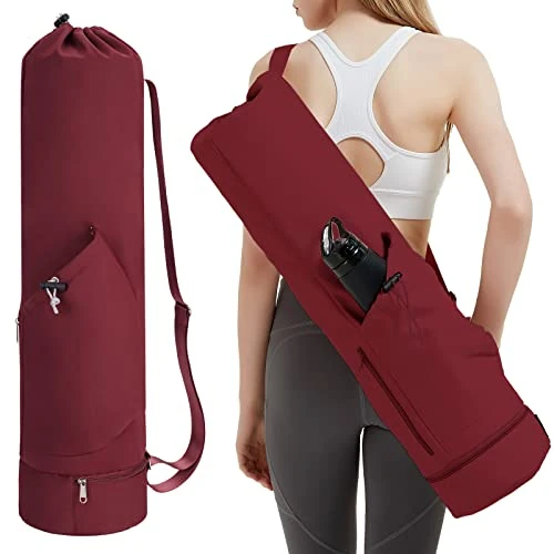 sportsnew Yoga Mat Bag with Water Bottle Pocket and Bottom Wet Pocket, Exercise Yoga Mat Carrier Multi-Functional Storage Bag, Wine Red…