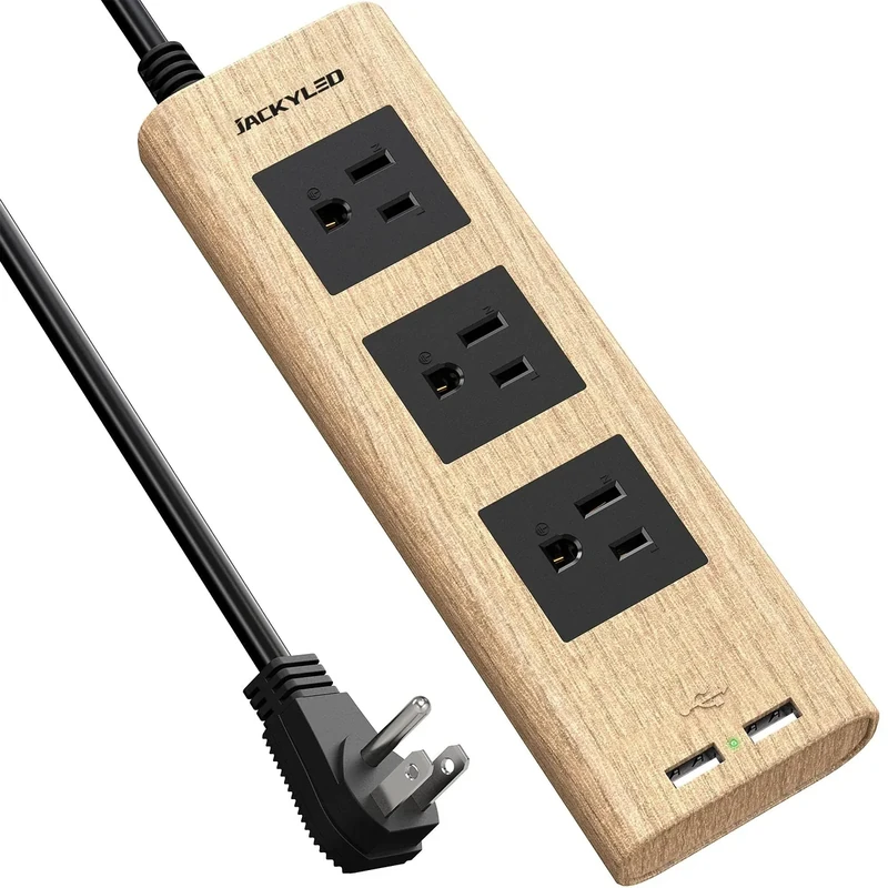 Power Strip 10Ft, JACKYLED Surge Protector with 3 Outlets and 2 USB Ports, Flat Plug Extension Cord 10 Feet, Desktop Charging Stations for Home Office Dorm Room, Light Wood Grain - Image 1