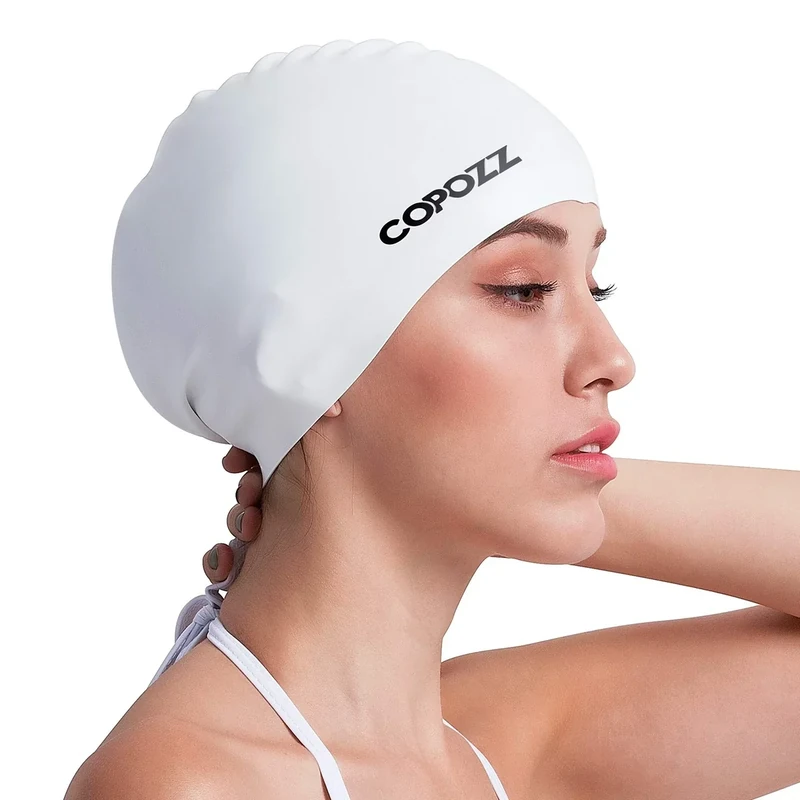 COPOZZ Women‘s Swim Cap for All Hair - Large, Comfortable Silicone Swimming Cap, Waterproof Design for Long, Short, Thick & Curly Hair | Secure & Comfortable Fit (White-12yrs+)