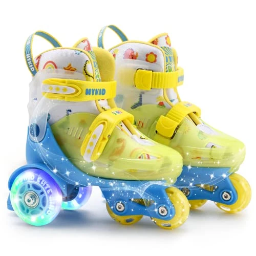 HYKID Toddler Roller Skates, 4 Adjustable Sizes, Fun Illuminating, Safety Three-Point Type, Breathable Upper, Beginners' Roller Skates for Girls Boys Kids (Dino Park, S-Small,11-1)