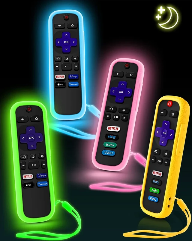 4 Pack OneBom Remote Cover for Roku, Remote Case Compatible with Roku Remote Official, Silicone Universal Protective Controller Sleeve for Roku TV Remote Glow in The Dark with Lanyards