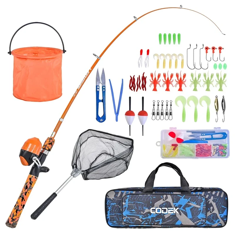 CODEK Kids Fishing Pole Set with Full Starter Kits 2 Set Portable Telescopic Fishing Rod and Spincast Reel Cambos with a Fishing Net and 2 Buckets for Boys Girls and Youth (Orange)