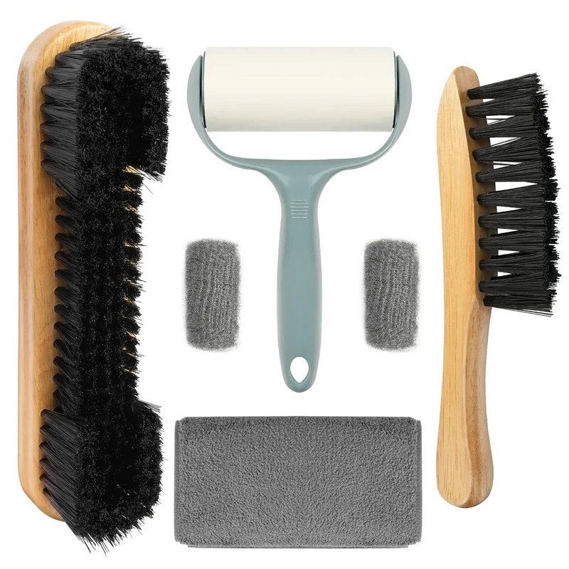 Go2trymo Pool Table & Rail Brush 5 Set, Billiard Felt Cleaner Accessories with 2 Wooden Brushes, Cue Cleaning Cloth, Ferrule Polish Cloth & Sticky Lint Roller