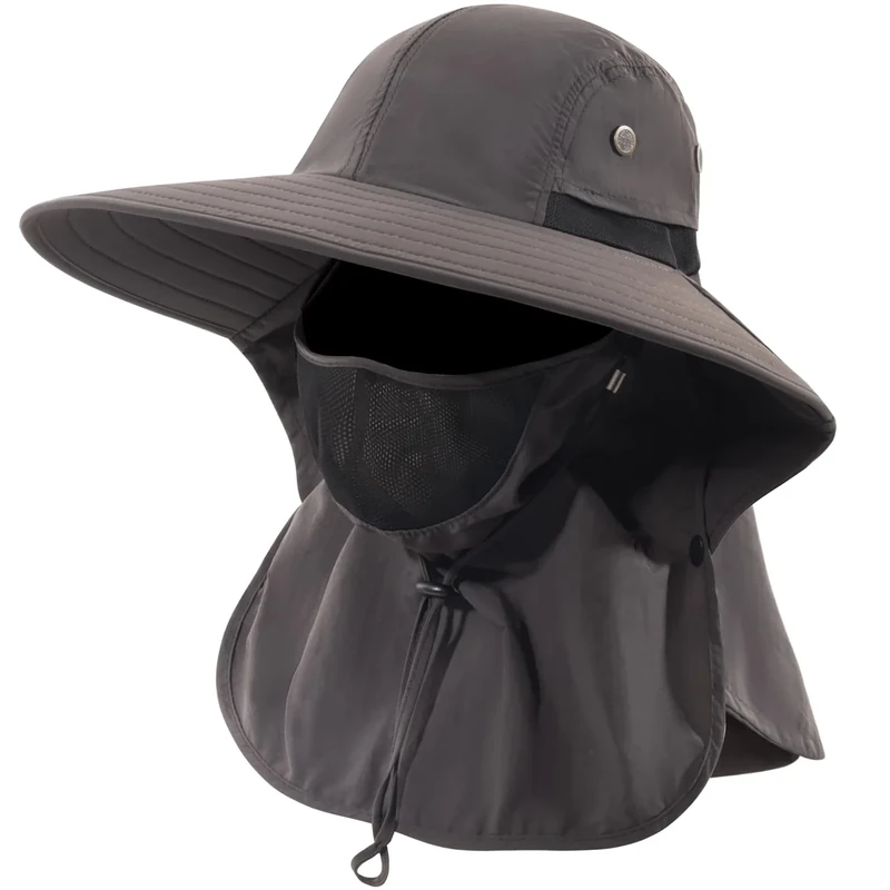HEEHIPOO Mens Women Fishing Hat UPF 50+ Wide Brim Sun Hat with Face Cover & Neck Flap Dark Gray