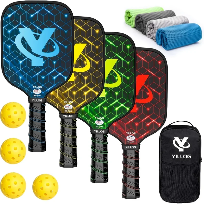 YILLOG Pickleball Paddles,USAPA Approved Pickleball Paddle Set 4,Fiberglass Surface Pickleball Set,4 Pickleball Balls,4 Cooling Towels,Bag,Pickle Ball Paddle Men Women Red/Blue/Green/Yellow