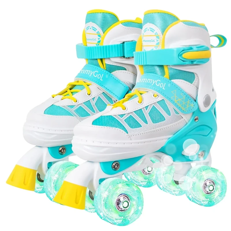 MammyGol Roller Skates for Kids Boys Girls, Adjustable Quad Skates with Light Up Wheels for Toddler Little Kids Ages 6-12 Size 13C 1 2, Beginners Outdoor Sports, Teal