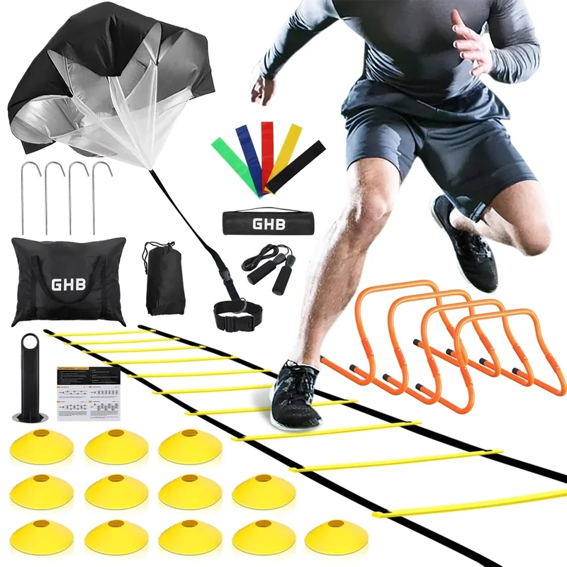 GHB Agility Ladder,Football Training Equipment Set,4 Agility Hurdles, 20 feet12 Rungs Speed Ladder,12 Disc Cones,Resistance Parachute, Jump Rope, 4 Resistance Bands (Yellow)