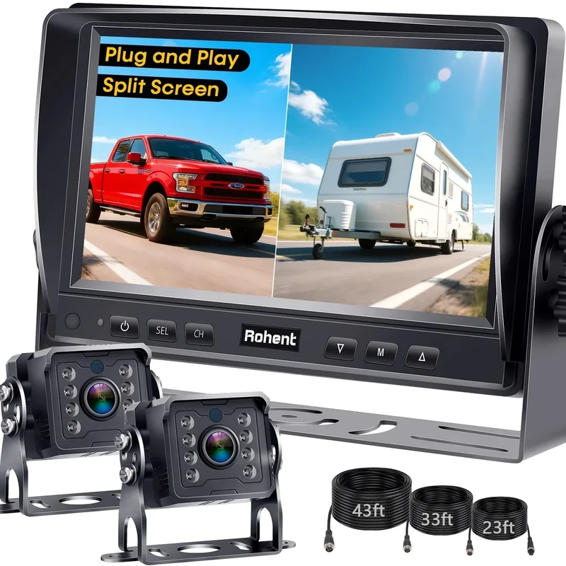 Dual RV Backup Camera System: 7" Monitor with Split Screen No Lag Easy Installation Plug and Play HD 1080P Rear View Camera Wired Kit IP69 Waterproof IR Crystal Night Vision for Truck Tractor R4