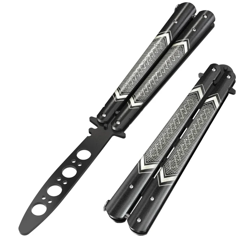 GOOD WORKER Butterfly Trainer - Practice Balisong Butterfly Knives NOT Real NOT Sharp Blade - Cool Design - Black Dull Trick Butterfly - Butter Fly Training - Fathers Day Dad Gift K14B