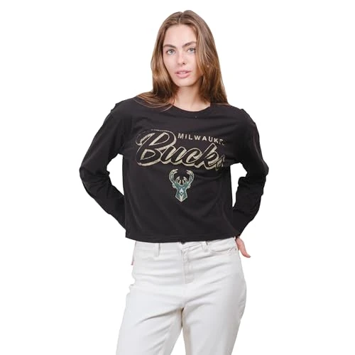 Ultra Game Women's NBA Super Soft Crop Top Pullover Sweatshirt, Milwaukee Bucks, Black, XX-Large