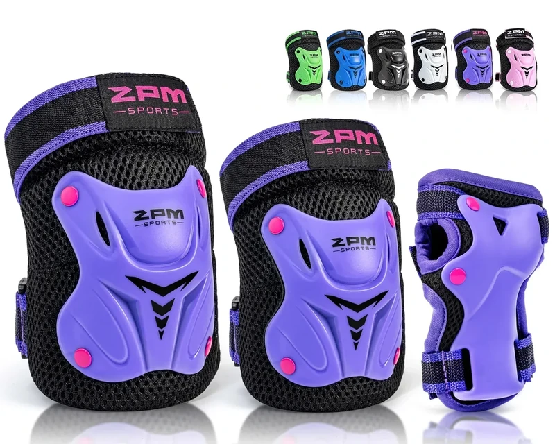 2PM SPORTS Knee Pads for Kids, Wrist Guards Knee and Elbow Pads Set with Drawstring Bag, Protective Gear Set for Girls Boys Roller Skating Cycling Skateboard - Purple Medium