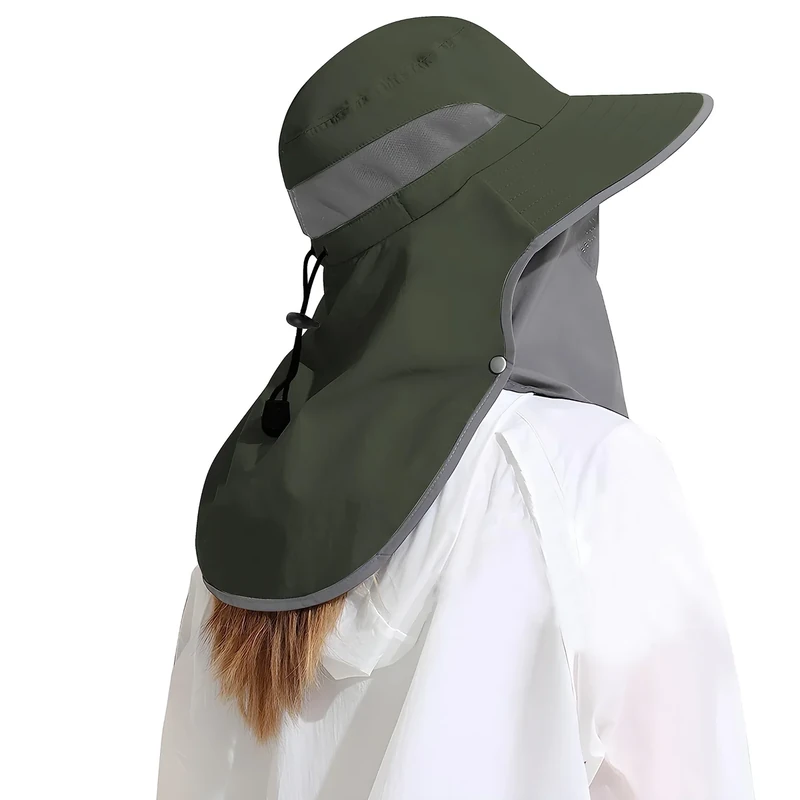 Outdoor Sun Hat Detachable Neck Face Flap UPF 50+UV Protection Visor Fishing Hats with Neck Flap for Men & Women Green