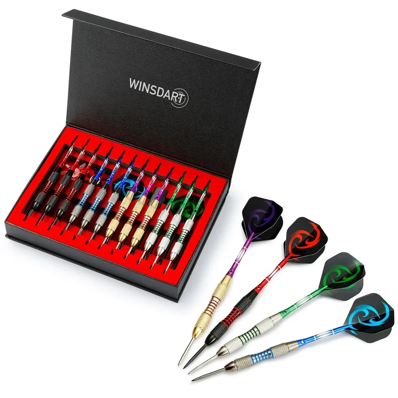 WINSDART Darts Metal Tip Set Professional Metal Darts for Dartboard Steel Tip Darts with Nonslip Iron Barrel Aluminum Dart Shafts,Extra Flights,Dart Sharpener,Gift Box