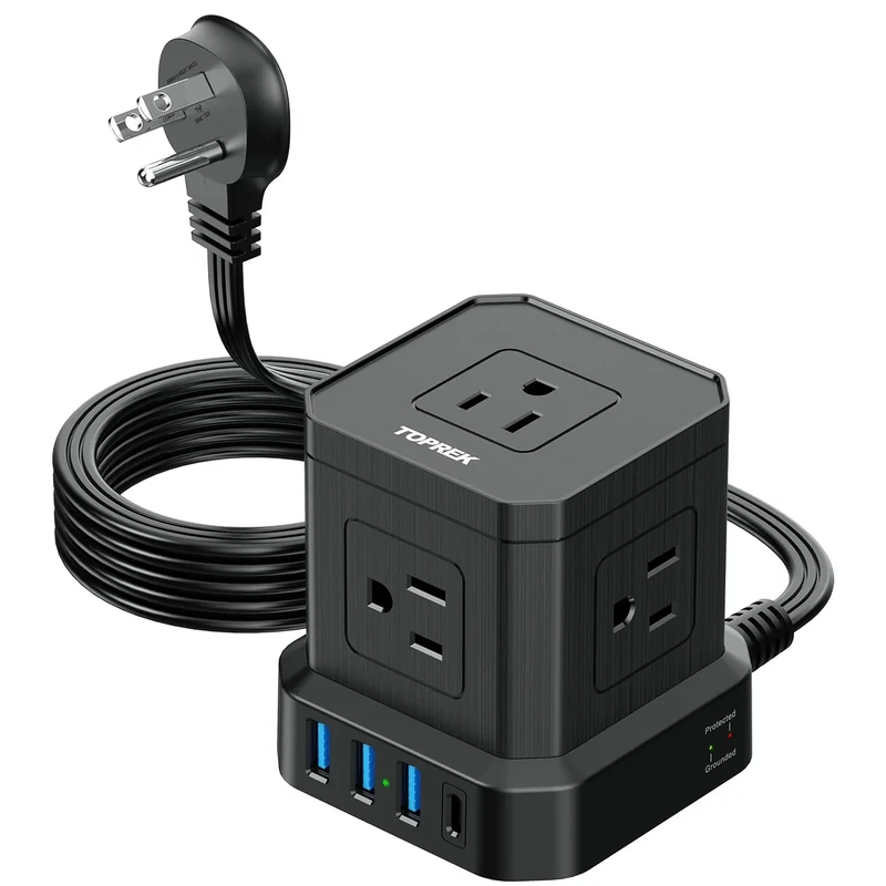 TOPREK 9-in-1 Power Strip - 5 Outlets, USB-C, 3 USB-A, Flat 5FT Plug