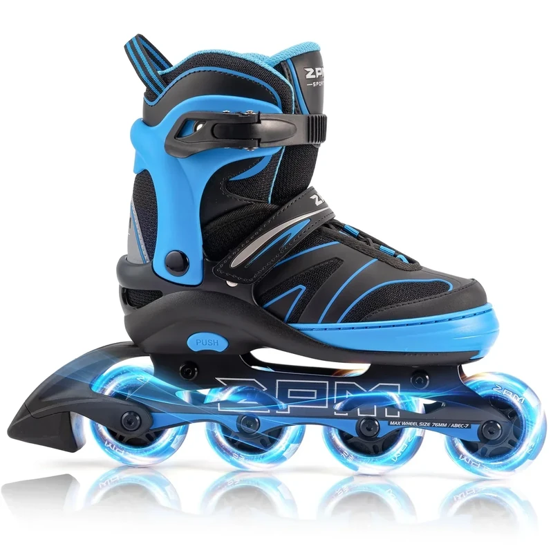 2PM SPORTS Kids Adjustable Inline Skates Ages 4-12, Youth Inlie Skates for Girls Boys 5-8 8-12 with Full Light Up Wheels, Beginner Women Men Adult Skates - Blue Small