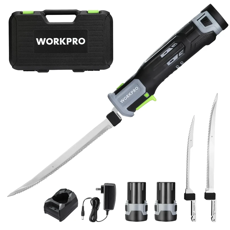 WORKPRO 12V Cordless Electric Fillet Knife with 8'' and 10'' Razor-Sharp Blades, Cordless Fillet Knife with Non-slip Grip Handle and Safety Lock, 2 Rechargeable Battery Packs, 1 Quick Battery Charger, and 1 Storage Carry Case for Fishing, Filleting, Outdoors