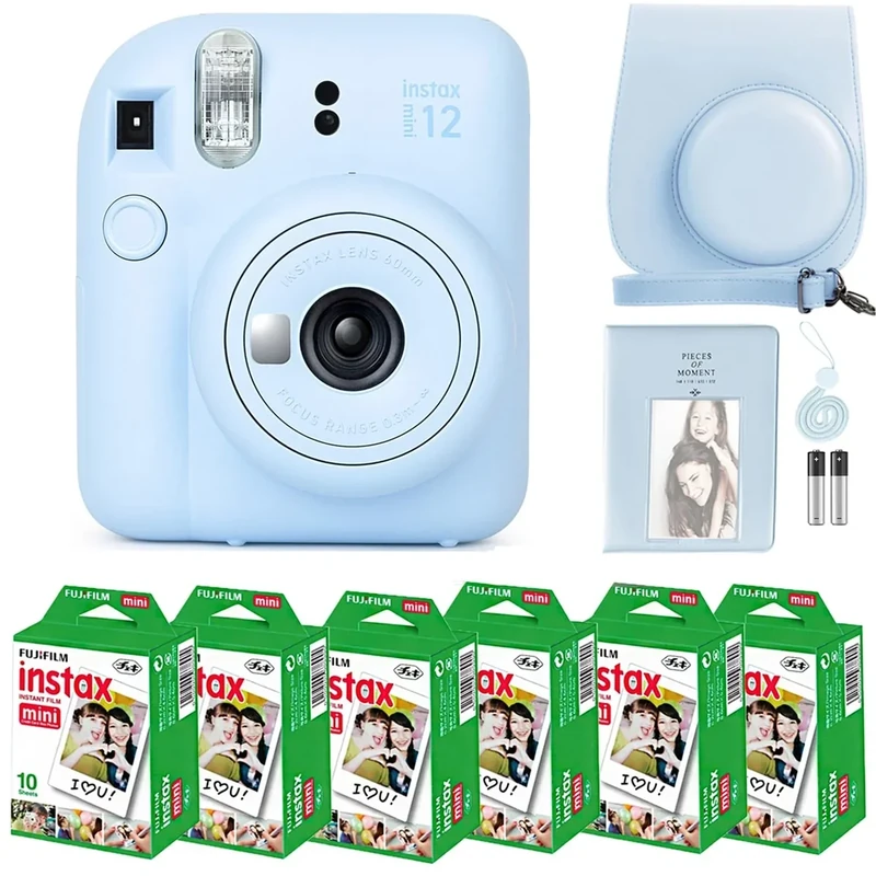 Fujifilm Instax Mini 12 Bundle - Pastel Blue, 60 Sheet Film, Tiger Case