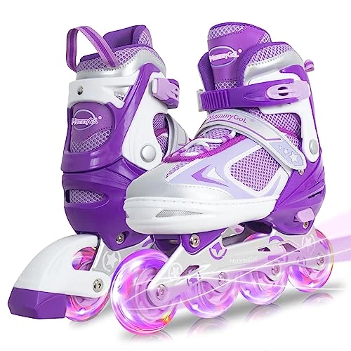 MammyGol Adjustable Inline Skates for Boys Girls Kids Youth with Light up Wheels, Purple Beginner Blades Roller Skates for Boys Size 1 2 3 4 Ages 6-12