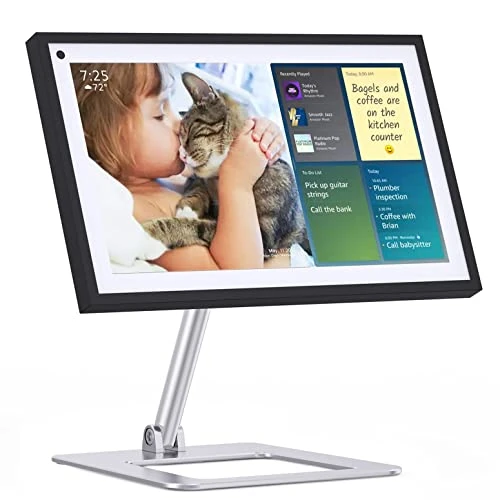 Almoz Tilt Stand for Echo Show 15 All Generation, Raise Up to 7" from Desk, Rotate 360° Vertically, Desktop Echo Show 15 Mount with Sturdy Aluminum Material and Stable Big Base (Metallic) - Image 1