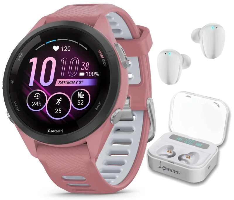 Wearable4U Garmin Forerunner 265S Music GPS Running 42 mm Smartwatch, Pink with AMOLED 1.1in Touchscreen Display White Earbuds Bundle