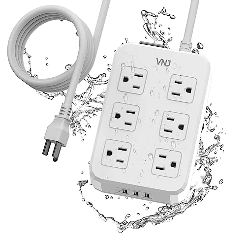 Outdoor Power Strip Weatherproof, 6 FT Outdoor Extension Cord 6 Outlets with 3USB 1875W Overload Protection, Shock Prevention Surge Protector Power Strip for Kitchen Patio Christmas Lights, White