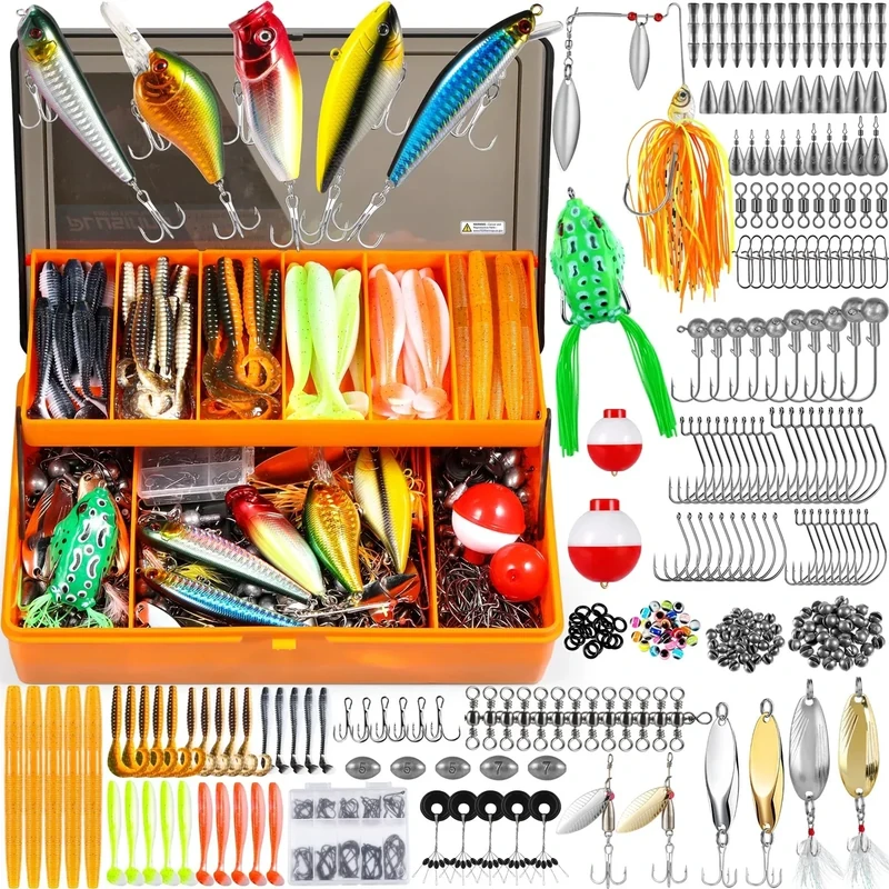 PLUSINNO 404 PCS Fishing Lures, Upgrade XL Fishing Tackle Box with Tackle Included, Crankbaits, Hooks, Weights, Other Accessories, Fishing Lure Bait Gear Equipment Kit Gift for Men Freshwater Bass