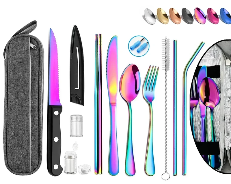 Portable Reusable Travel Utensils Silverware With Case, Camping Cutlery Set, Chopsticks and Straw, Flatware With Case, Stainless Steel Rainbow Top