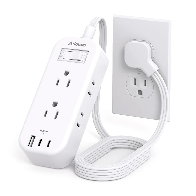 Addtam Travel Power Strip - 6 Outlets, 3 USB (2 USB-C), 5ft Flat Plug