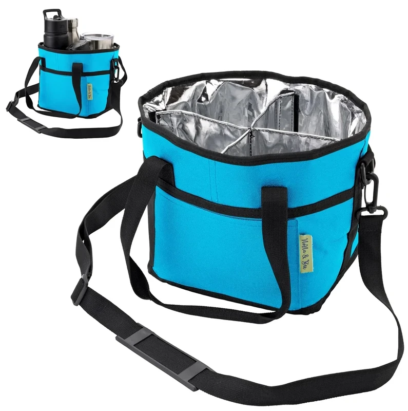 4 Water Bottle Holder with Strap | Family Size 4 Compartment Drink Bag, Multiple Tumbler Carrier Caddy | Adjustable Fits Large & Small Drinks | Hands Free, Won't Tip Over in Car (Blue)