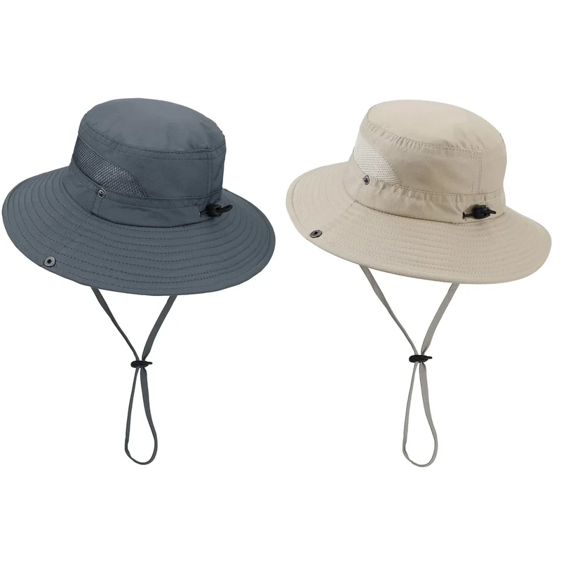 Century Star Outdoor Kids Sun Hat UPF 50+ Quick Dry Adjustable Bucket Hat Windproof Waterproof Beach Fishing Safari Hat 2Pcs Dark Grey & Beige 5-13T