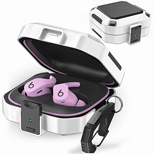 Carbon Fiber Case for Apple Beats Fit Pro 2021 - Shock-Absorbing Hard Shell Cover With Lock, Keychain, Storage Box, Cleaning Brush, Wrist Strap - White