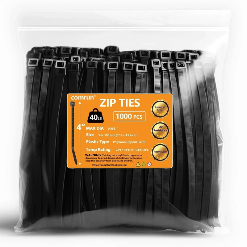 COMRUN 1000pcs 4Inch Black Cable Tie,Nylon Zip Ties,Industrial Grade,40 Pounds Tensile Strength,UV Resistant, Heavy Duty,for Home,Garden Trellis,Office,Garage and Workshop