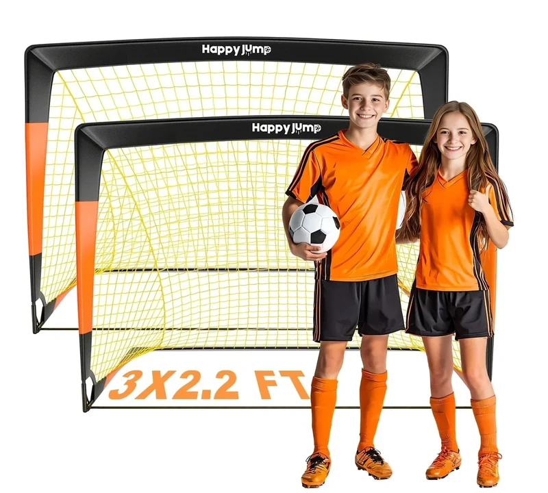 Happy Jump Soccer Goal, 3x2.2 FT, Orange, Portable Soccer Net for Kids Backyard, Durable Fiberglass, Quick Setup, All Weather Use, 2 Pack Included