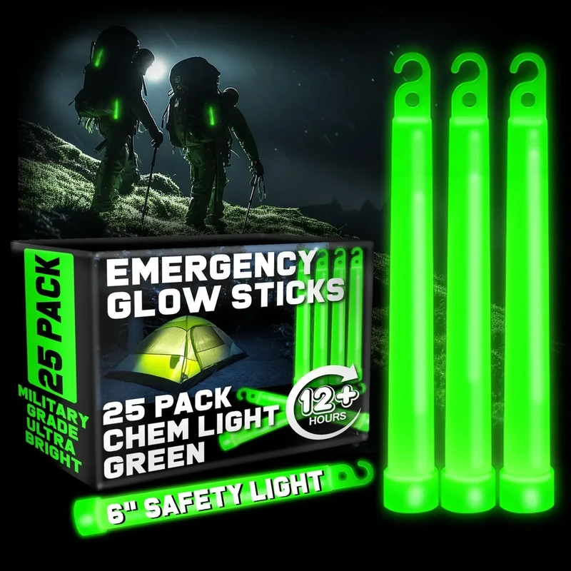 PartySticks Green Glow Sticks Emergency Chem Lights (6", 25 Pack) Military Grade 12 Hour Bulk Tactical Light Sticks for Survival Gear, Camping, Power Outages