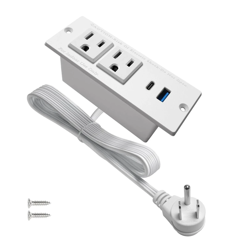 USB C Recessed Power Strip Fast Charge Desktop Power Station 2 Outlets 2 USB (PD20W & QC18W, Total 20W) Mountable Flat Plug Extension Cord Mount for Tabletop Sofa Cabinet Nightstand (USB C White)