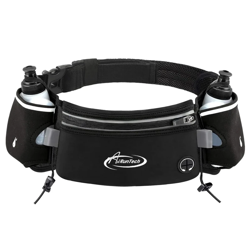 AiRunTech Hydration Running Belt with Bottles Zero Bounce Design for Running, Triathlon, Marathon, 10K, 5K, Trail Fit for Most Smartphones(2 * 10OZ bottle)